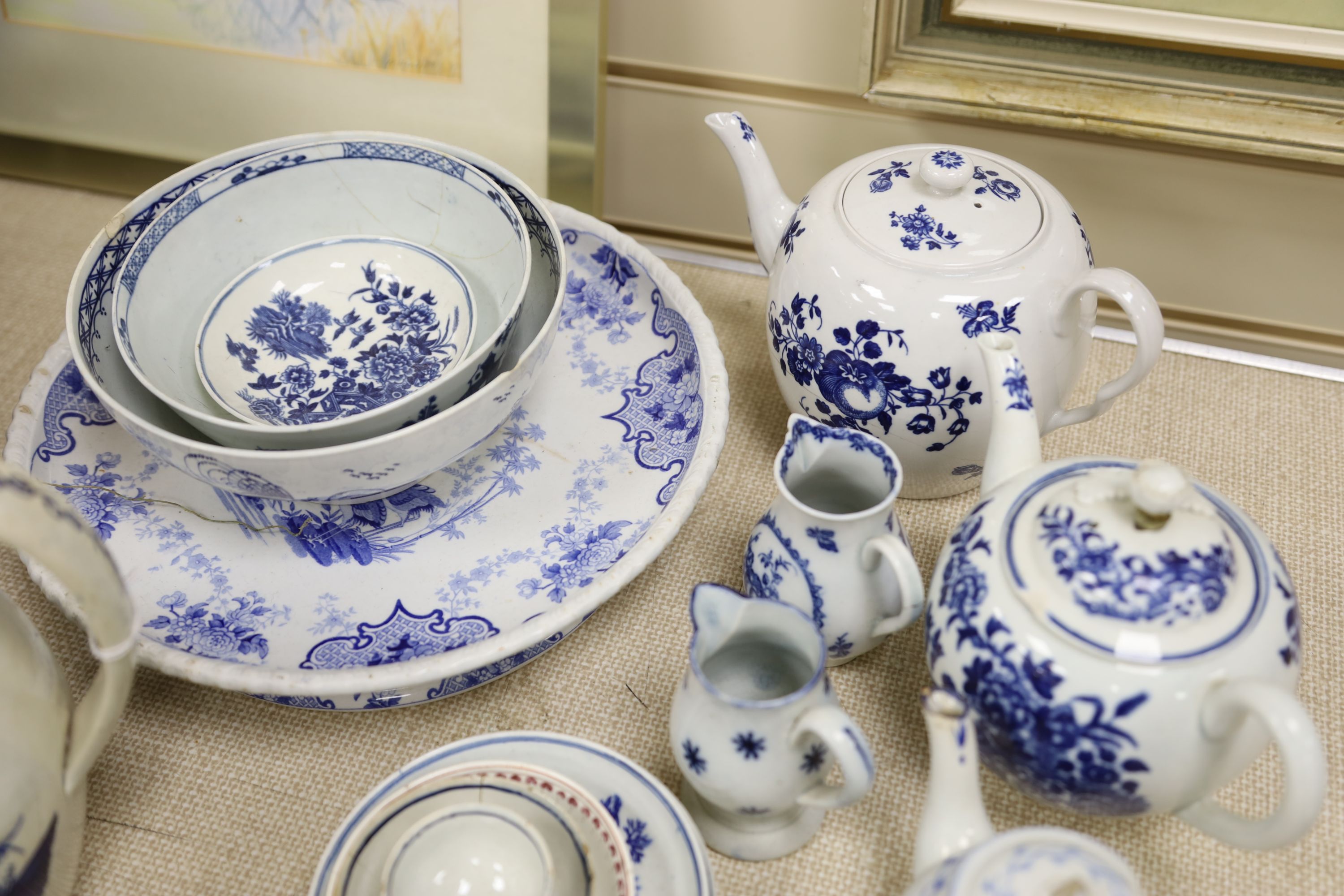 A collection of mainly 18th century English blue and white ceramics, including Worcester, Caughley and Pearlware, (a.f.)